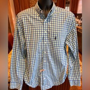johnnie-O men’s button front shirt. Sharp Blue & Green gingham plaid with logo.